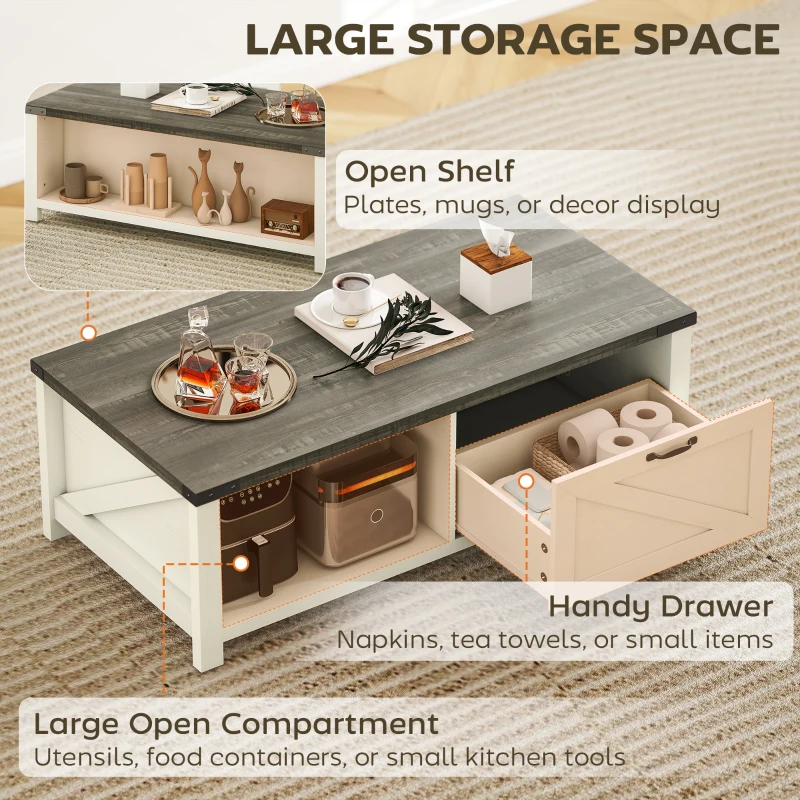 HOMCOM Farmhouse Coffee Table with Drawer, Open Storage Shelf for Living Room, Dining Room, Office, Distressed White