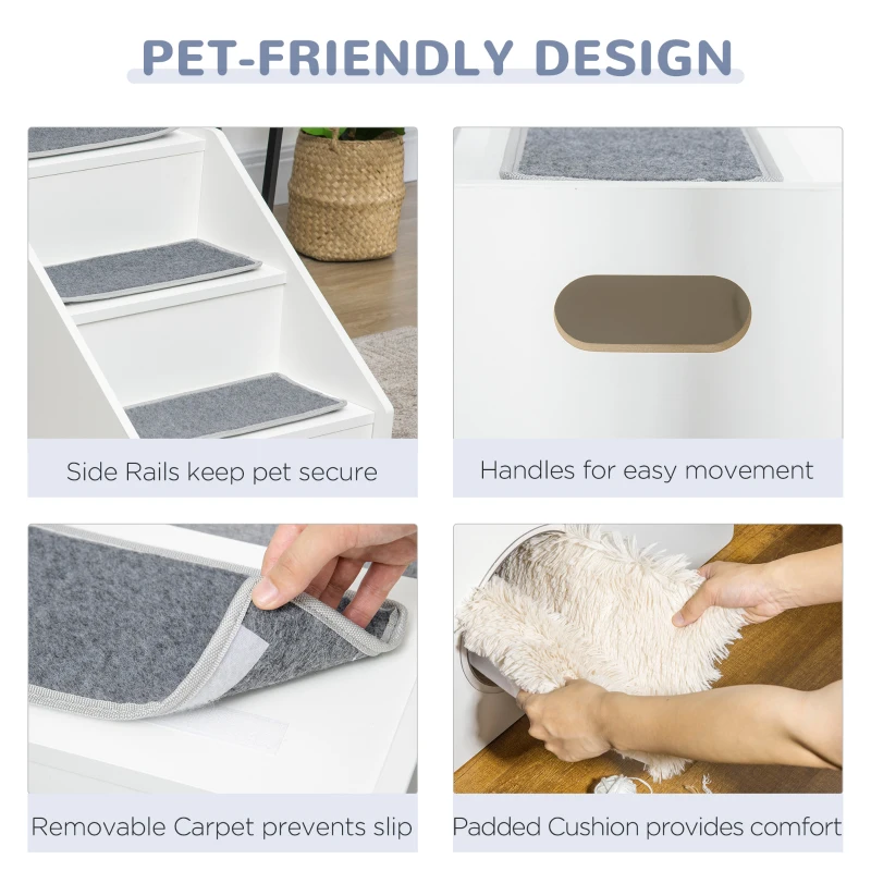 PawHut Pet Stairs for Miniature Dogs Hidden House, Cat Steps for Couch High Bed Sofa, Portable Puppy Stairs for Climbing with Handles, Non-Slip Carpet, Side Holes for Entry, White