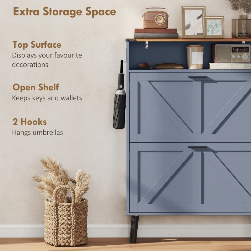 HOMCOM Shoe Storage Cabinet with 2 Flip Drawers, Farmhouse Narrow Shoe Cabinet, Holds Up to 16 Pairs, Blue