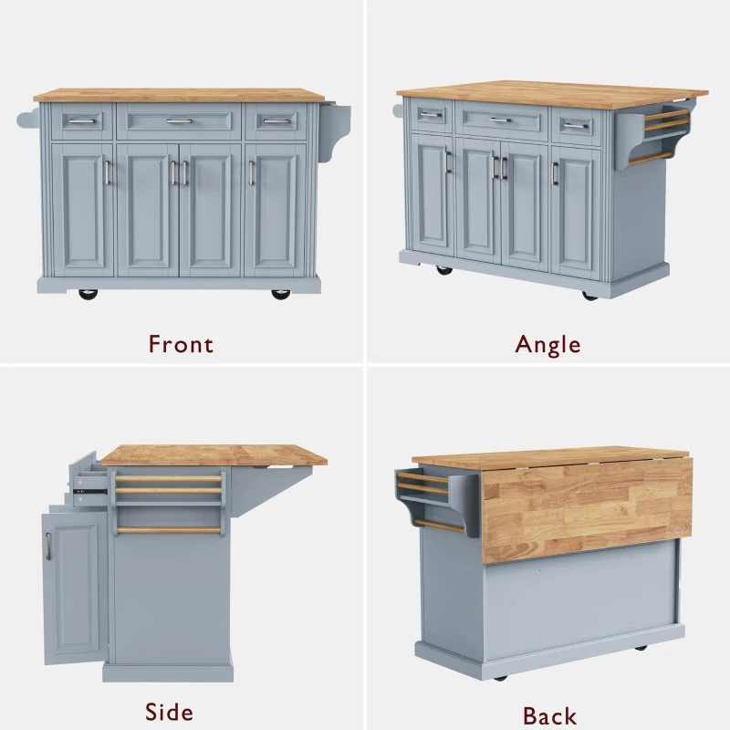 Rolling Kitchen Island with 4 Doors and Adjustable Shelves, Versatile Cart for Kitchen or Dining Room, 54'' L x 29.5'' W x 36'' H, Grey+Blue