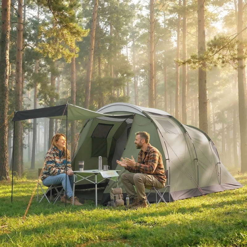 Outsunny Camping Tent Waterproof Camping Tent with Two Room for 3-4 Person Waterproof, Green