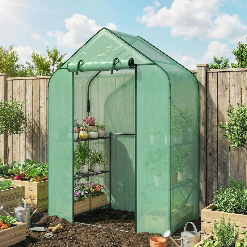 Outsunny Greenhouse for Outdoors, Portable Greenhouse with 6 Shelves, UV-Resistant PE Cover, Roll-Up Door, Green