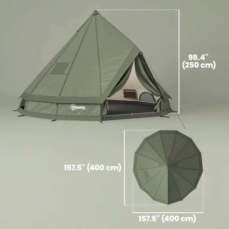Outsunny Teepee Tent Waterproof Camping Tent with Stove Jack for 4-6 Person Outdoor Camping Hiking Army Green