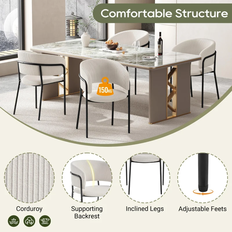 Modern Corduroy Side Chair with Ergonomic Curved Back, Minimalist Lounge Chair for Living Room, 30.5" L x 21.5" W x 19.5" H, Beige