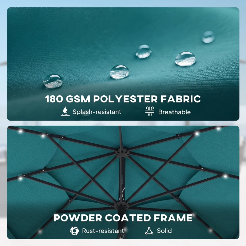 Outsunny 9.7 ft Outdoor Patio Umbrella with Solar LED Lights, 3 Tier Outdoor Table Umbrella with Tilt, Crank, Teal