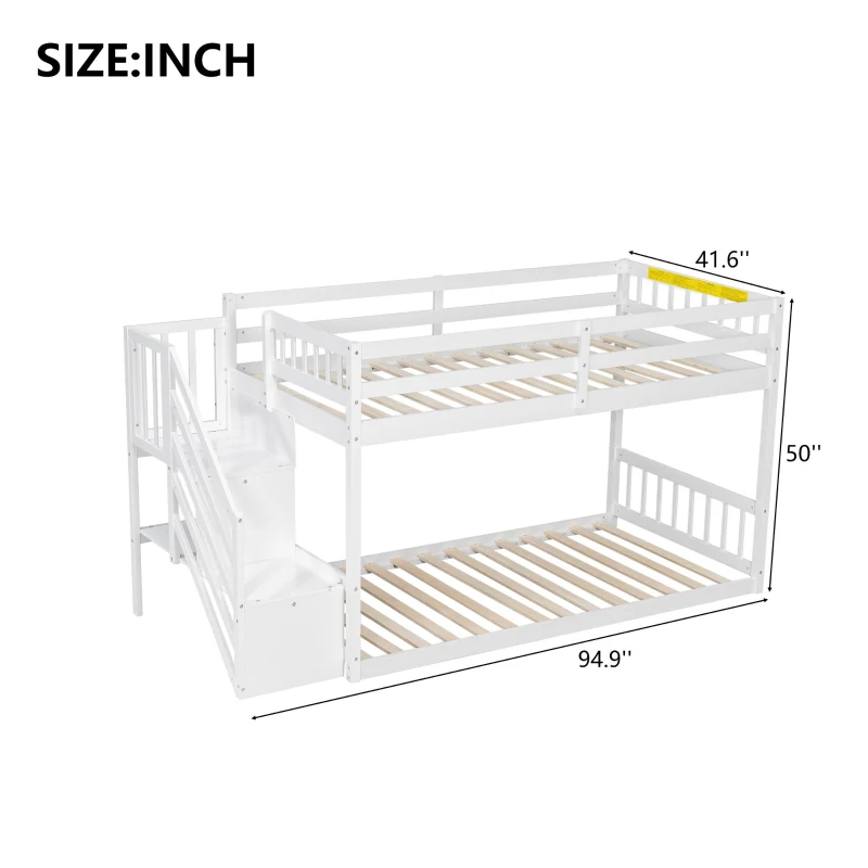 Space-Saving Bunk Bed with Low-Profile Design and Built-In Storage, Sturdy Tiered Beds for Kids, 95" L x 41.5" W x 50" H, White