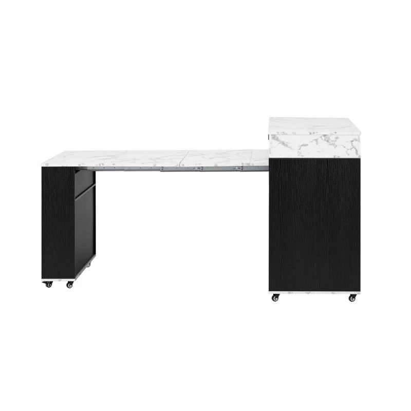 Extendable Rolling Kitchen Island with Folding Top, Versatile Kitchen Cart with Windows, 74" L x 43.5" W x 37.5" H, Black+White Marble