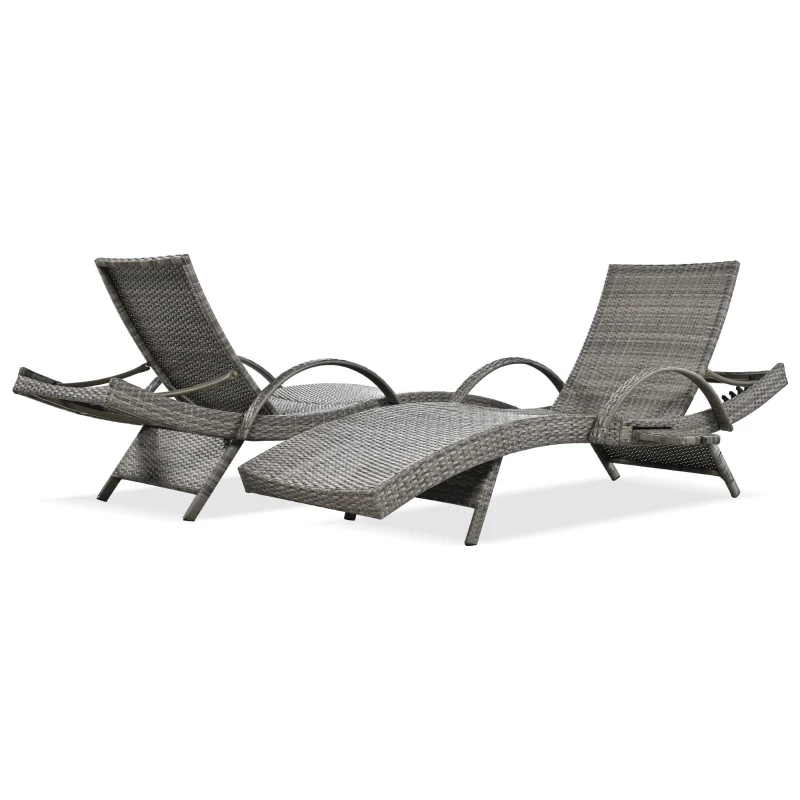 Set of 2 Outdoor Wicker Chaise Lounge with Adjustable Backrest, Ergonomic Recliners with Pull-Out Side Table, 80'' L x 27'' W x 36'' H, Grey