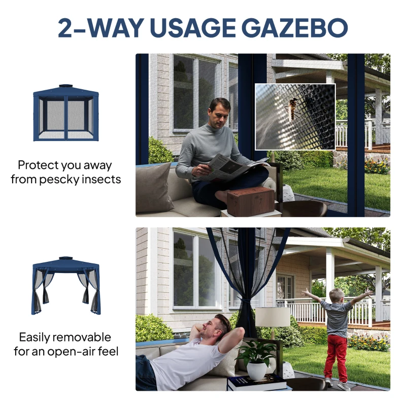 Outsunny 9.6' x 9.6' Patio Gazebo Outdoor Pavilion 2 Tire Roof Canopy Shelter Garden, Steel Frame w/ Mosquito Netting, Dark Blue