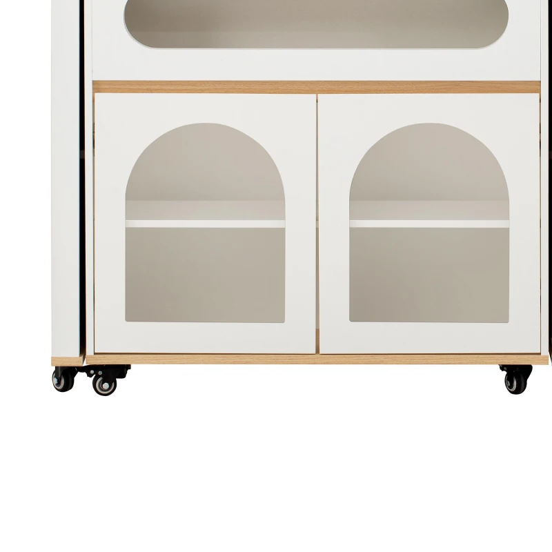 Extendable Rolling Kitchen Island with Folding Top, Versatile Kitchen Cart with Windows, 74" L x 43.5" W x 37.5" H, Creamy White+Natural