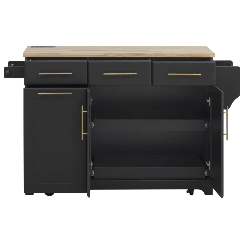 Rolling Kitchen Island with Drop-Leaf Rubberwood Top, Versatile Storage Cart for Contemporary Homes, 59.5'' L x 29.5'' W x 35.5'' H, Black