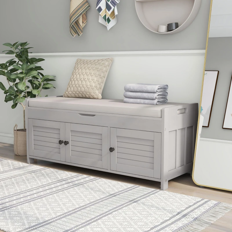 Rustic Storage Bench with Removable Linen-Blend Cushion, Functional Entryway Bench for Living Room, 43.5" L x 16" W x 18" H, Gray Wash