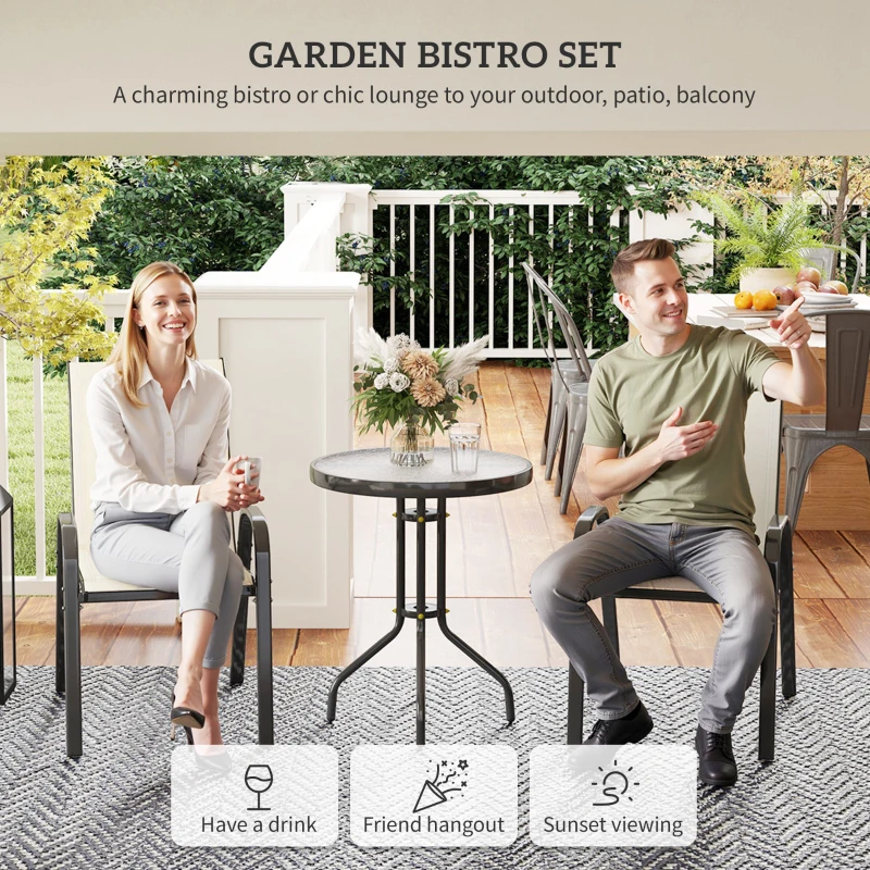 Outsunny 3 Pieces Bistro Set, Small Patio Furniture Set with Stackable Mesh Chairs, Glass Table for Garden, Balcony, Beige