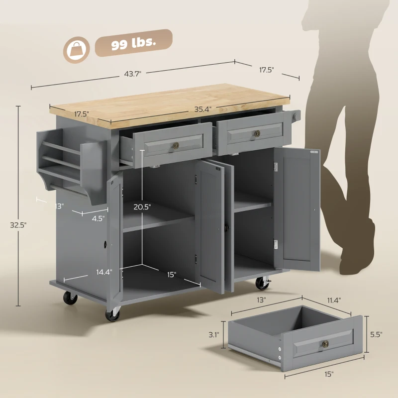 HOMCOM 44" Mobile Kitchen Island Table, Kitchen Island Cart on Wheels with Storage Cabinets, 2 Drawers, Gray