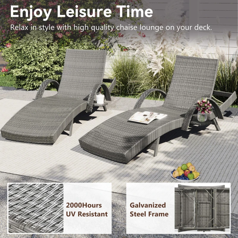 Set of 2 Outdoor Wicker Chaise Lounge with Adjustable Backrest, Ergonomic Recliners with Pull-Out Side Table, 80'' L x 27'' W x 36'' H, Grey