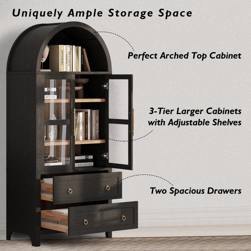 Arched Kitchen Pantry Cabinet with 2 Soft-Close Drawers, Modern Farmhouse Hutch for Living Areas, 30'' L x 15.5'' W x 71'' H, Black