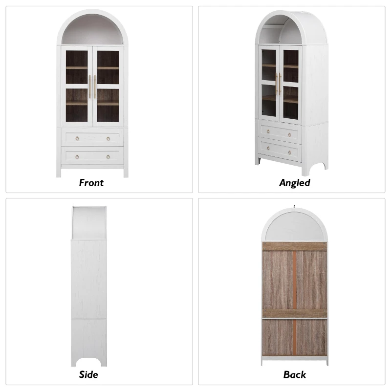 Arched Kitchen Pantry Cabinet with 2 Large Drawers, Stylish Storage Cabinet with Adjustable Shelves, 30'' L x 15.5'' W x 71'' H, White