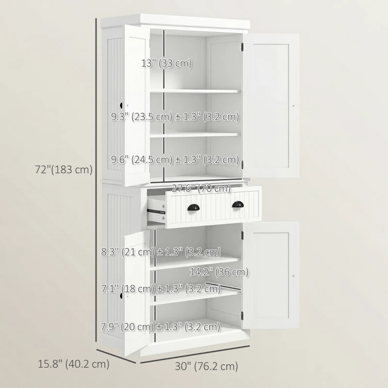 HOMCOM 72" Kitchen Pantry, Freestanding Storage Cabinet with Drawer, Doors, Cream White