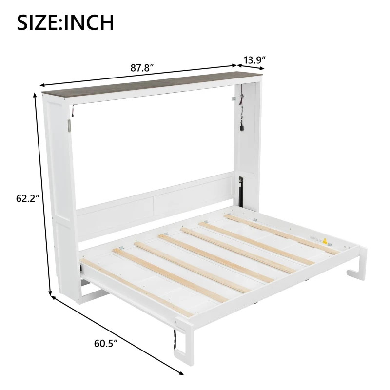 Full Size Murphy Bed with LED Light and Built‑In Desk, Foldable Platform Bed with Smooth Hydraulic Lift, 83" L x 60.5" W x 62" H, Brown+White