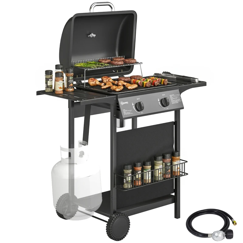 Outsunny 2 Burner Propane Gas Grill, 18000 BTU BBQ Grill with Wheels, Warming Rack, Shelf, Thermometer, Grease Cup, Black