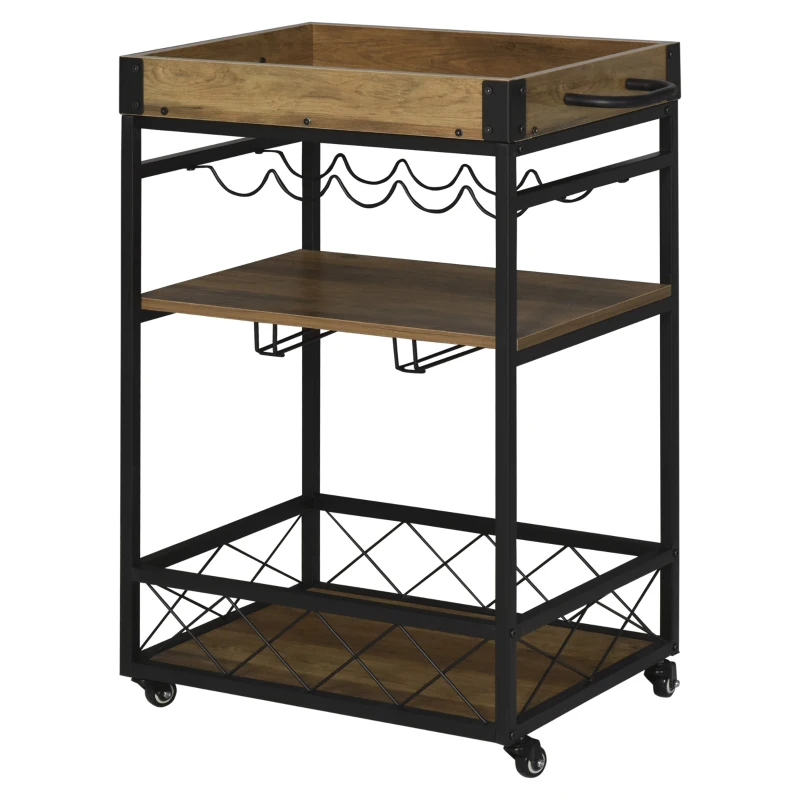 HOMCOM Retro Industrial Bar Serving Cart Rolling Kitchen Island Storage Utility Trolley with 5-bottle Wine Rack & Serving Tray