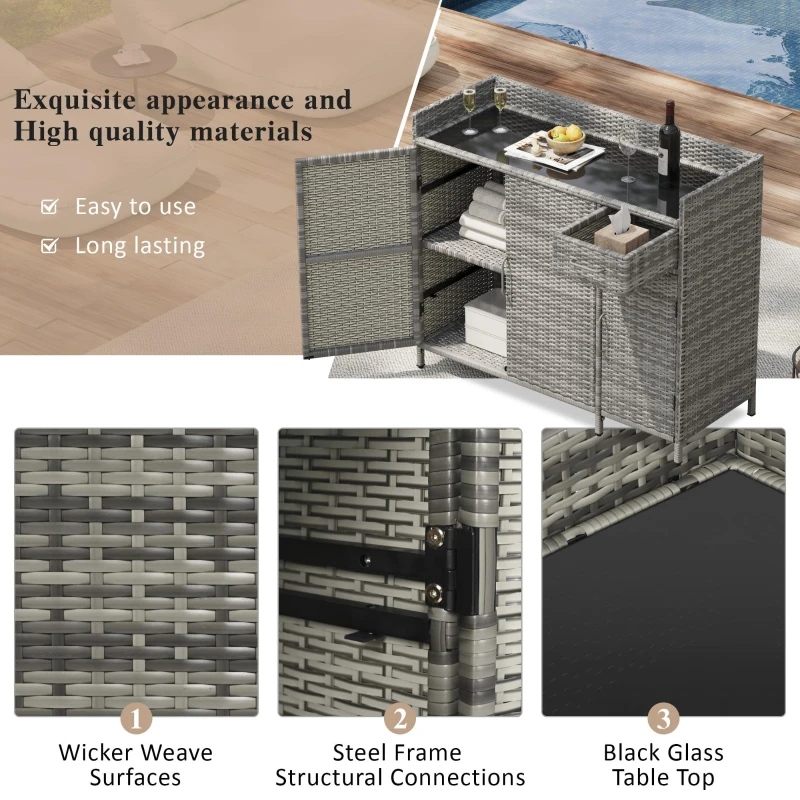 Wicker Outdoor Storage Cabinet with 3 Doors and a Drawer, Weatherproof Bar Table for Patio or Garden, 47.5'' L x 16'' W x 39.5'' H, Grey