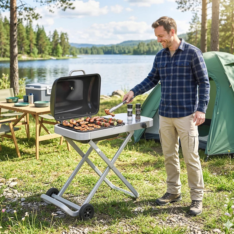 Outsunny Portable Propane Gas BBQ Grill with Foldable Cart, Wheels, 9500 BTU Gas Barbecue Grill with Piezo Ignition Burner, Black