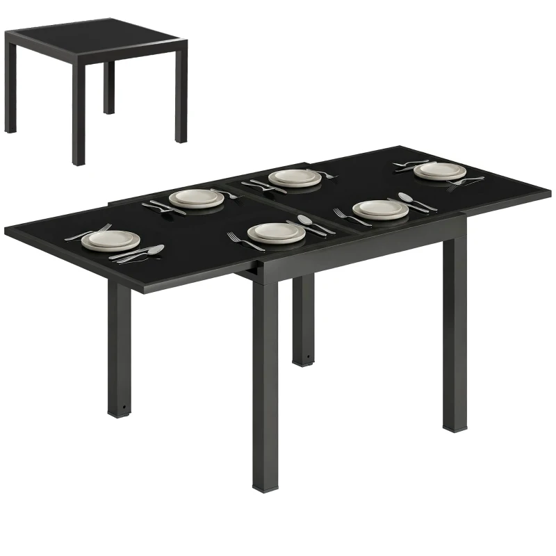 Outsunny Aluminum Expandable Outdoor Dining Table with Tempered Glass Tabletop and Aluminum Frame, for Garden, Backyard, Black