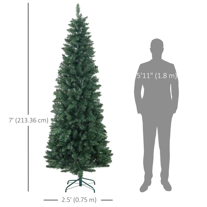 HOMCOM 7ft Tall Pencil Artificial Christmas Tree with 687 Branch Tips with Steel Base, Green