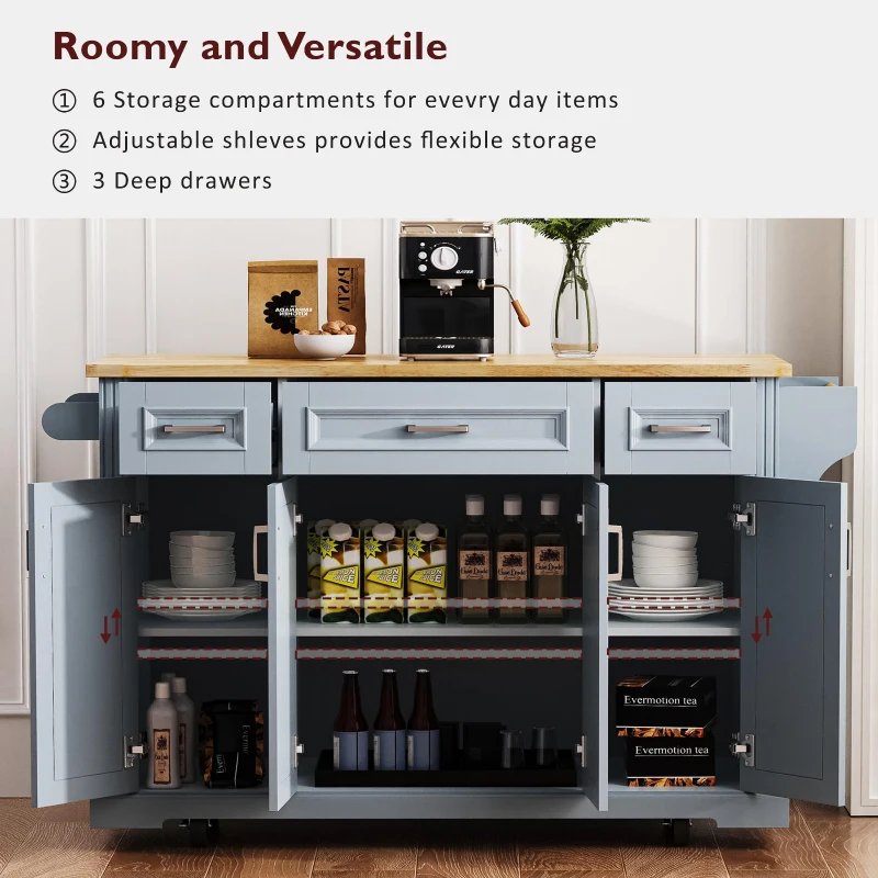 Rolling Kitchen Island with 4 Doors and Adjustable Shelves, Versatile Cart for Kitchen or Dining Room, 54'' L x 29.5'' W x 36'' H, Grey+Blue