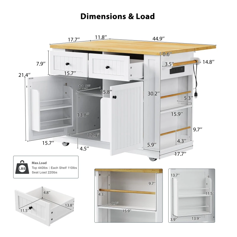 Generous Kitchen Island with 2 Deep Drawers and Drop Leaf, Rolling Storage Cart with Adjustable Shelves, 48'' L x 29.5'' W x 36.5'' H, White