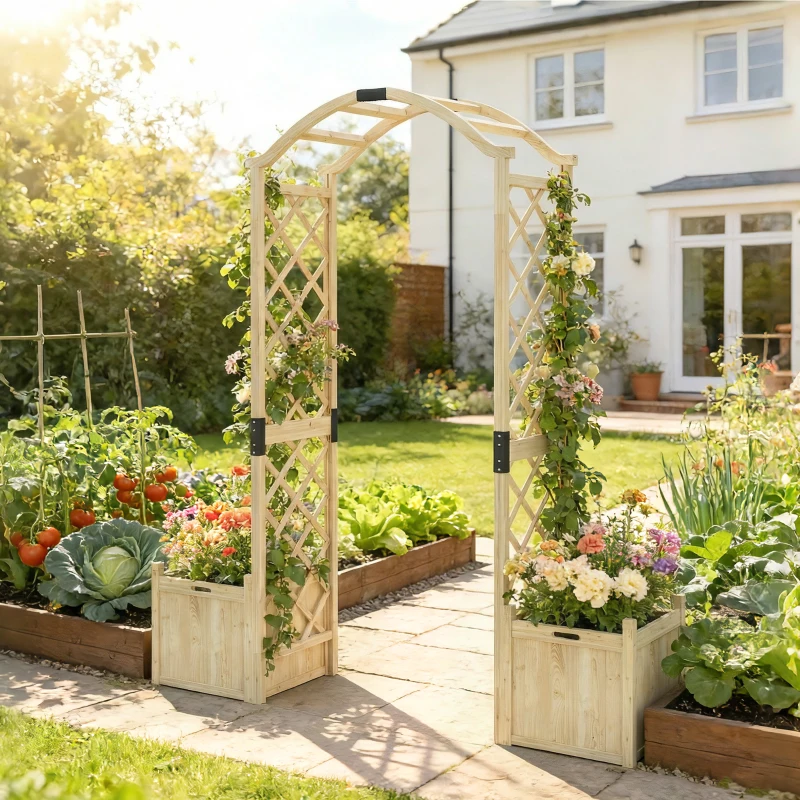 Outsunny Wooden Garden Arch with 2 Planter Boxes, Arch Trellis for Climbing Plants, Decorative Arbor Archway, Natural Wood