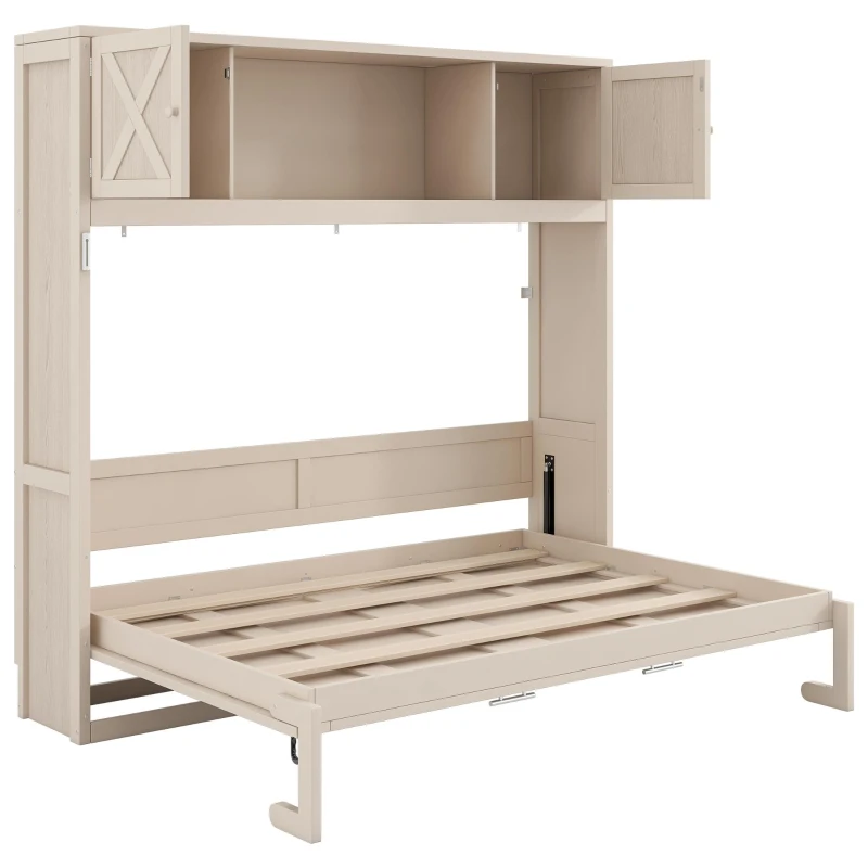 Space-Saving Full Size Murphy Bed with Fold-Down Design, Sturdy Storage Bed with 3 Upper Cabinets, 83" L x 60.5" W x 82" H, Beige