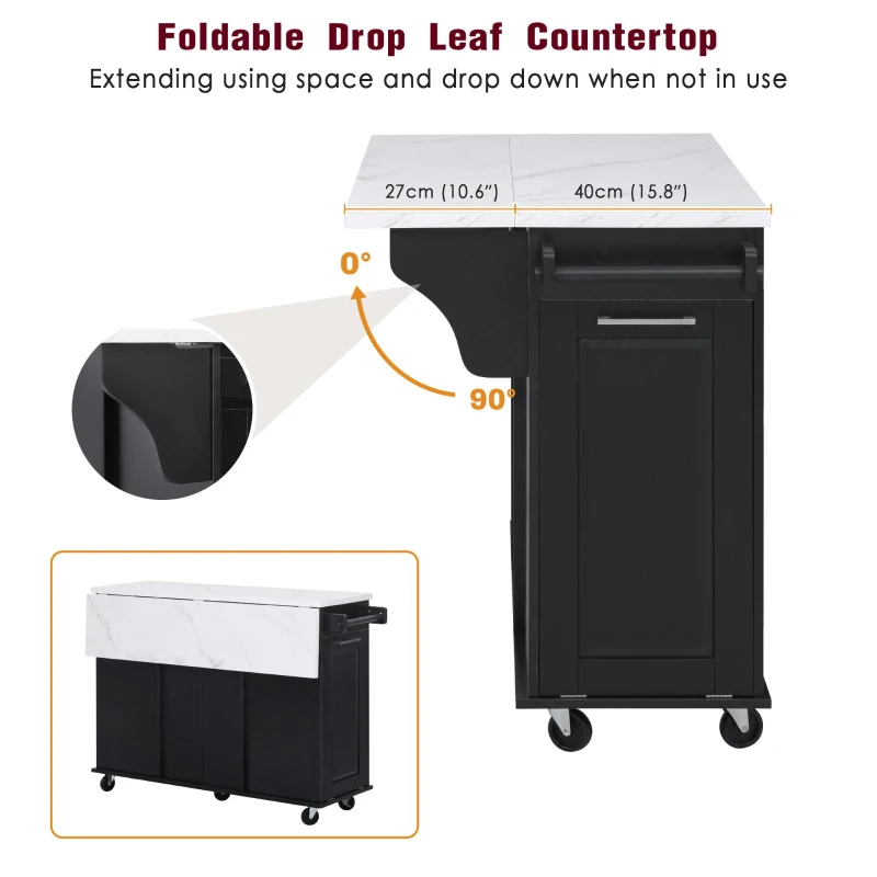 Versatile Kitchen Island with 2-Tier Pull-Out Organizer & 5 Casters, Rolling Kitchen Cart with Drop Leaf, 50.5'' L x 26.5'' W x 35.5'' H, Black