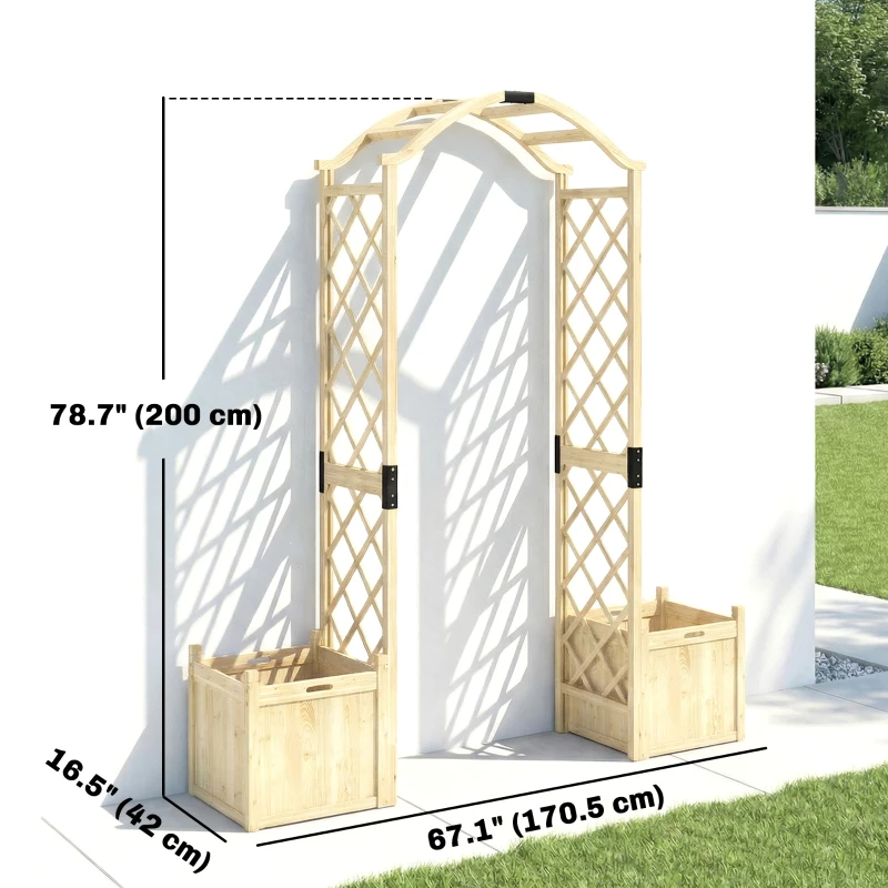 Outsunny Wooden Garden Arch with 2 Planter Boxes, Arch Trellis for Climbing Plants, Decorative Arbor Archway, Natural Wood