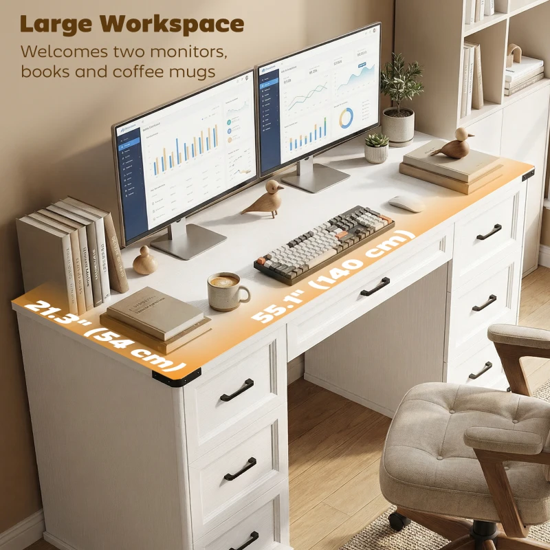 HOMCOM 55" Computer Desk with 7 Drawers, Farmhouse Executive Desk for Home Office, Study, Bedroom, White Wood Grain