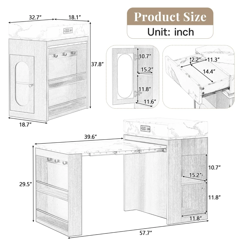 Extendable Dining Table with Folding Tabletop, Multi-Functional Kitchen Island with Drawers, 57.5" L x 32.5" W x 38" H, Creamy White+Natural