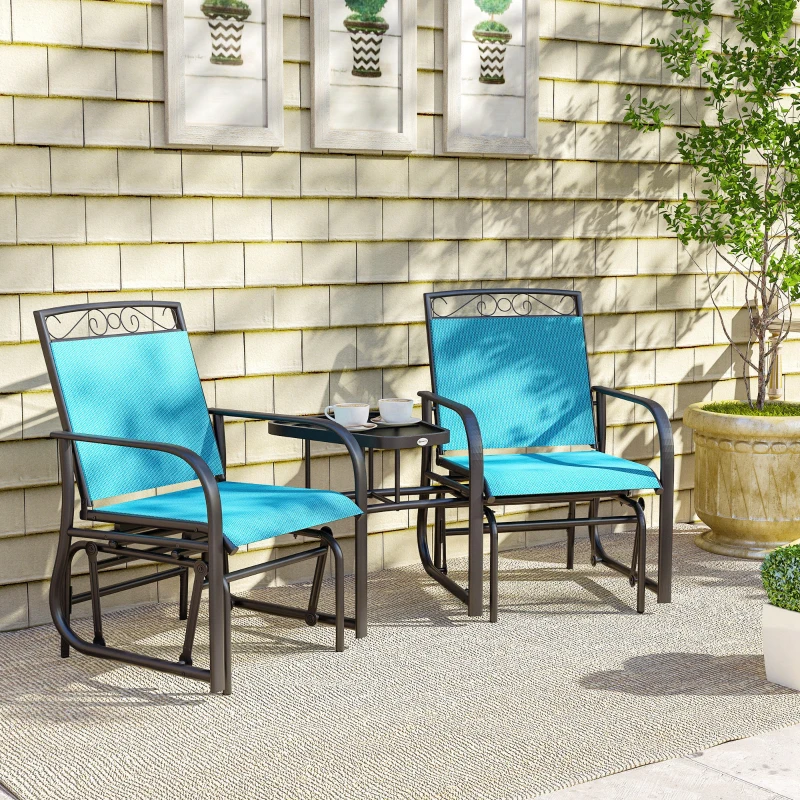 Outsunny Outdoor Glider Chairs with Coffee Table, Patio 2-Seat Rocking Chair Swing with Breathable Sling for Backyard, Blue
