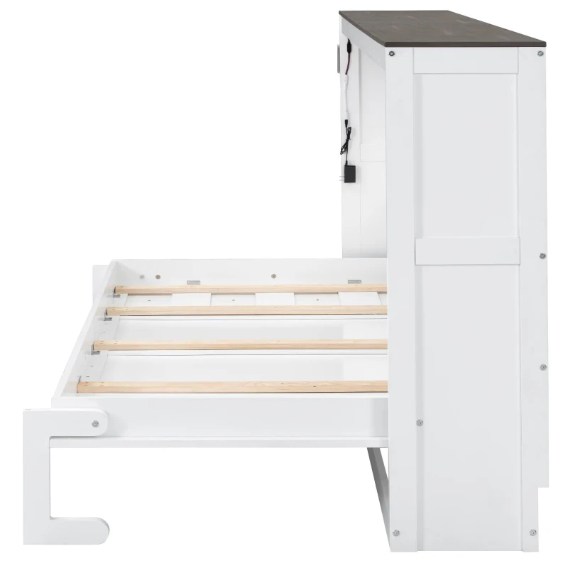 Twin-Size Murphy Bed with LED Light and Foldaway Cabinet, Space-Saving Wall Bed with Desk Conversion, 83" L x 45.5" W x 47" H, Brown+White