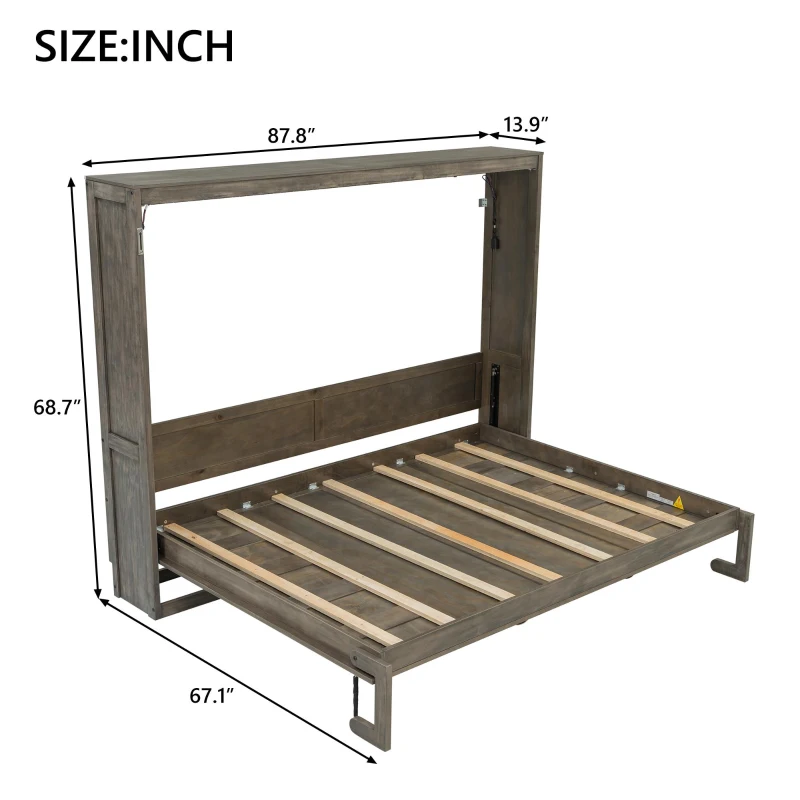Queen Size Brown Murphy Bed with Smooth Hydraulic Lift, Space‑Saving Fold‑Down Unit with Wood Slat Support, 88'' L x 67'' W x 68.5'' H, Brown