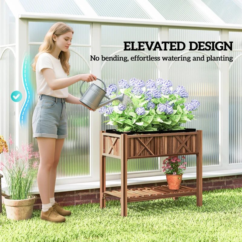Outsunny Wooden Raised Garden Bed, Elevated Planter Box with Storage Shelf, Drainage Holes and Liner, 34"x18"x30", Carbonized