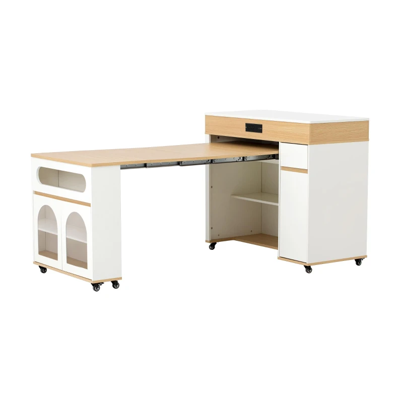 Extendable Rolling Kitchen Island with Folding Top, Versatile Kitchen Cart with Windows, 74" L x 43.5" W x 37.5" H, Creamy White+Natural