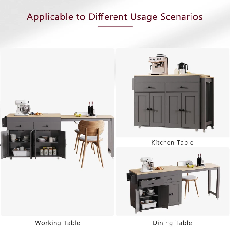 Space-Saving Kitchen Cart with 27" Extendable Dining Table, Rolling Kitchen Island with Ample Storage, 74.5'' L x 19.5'' W x 36'' H, Grey