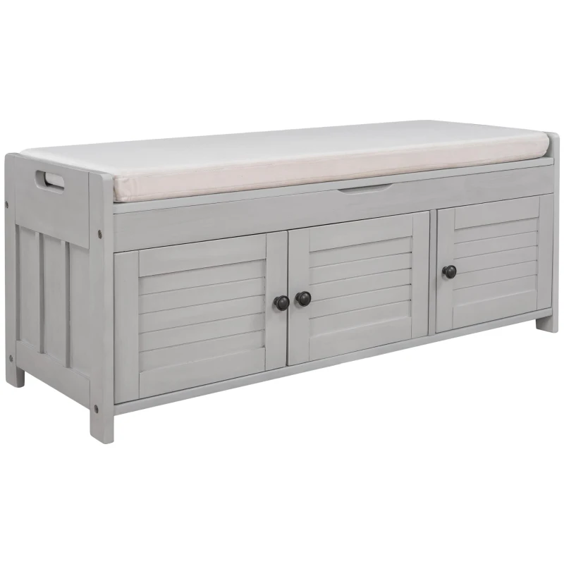 Rustic Storage Bench with Removable Linen-Blend Cushion, Functional Entryway Bench for Living Room, 43.5" L x 16" W x 18" H, Gray Wash