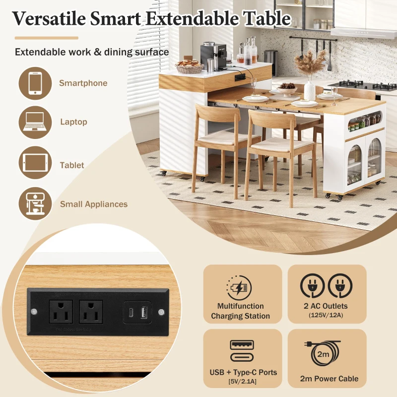 Extendable Rolling Kitchen Island with Folding Top, Versatile Kitchen Cart with Windows, 74" L x 43.5" W x 37.5" H, Creamy White+Natural