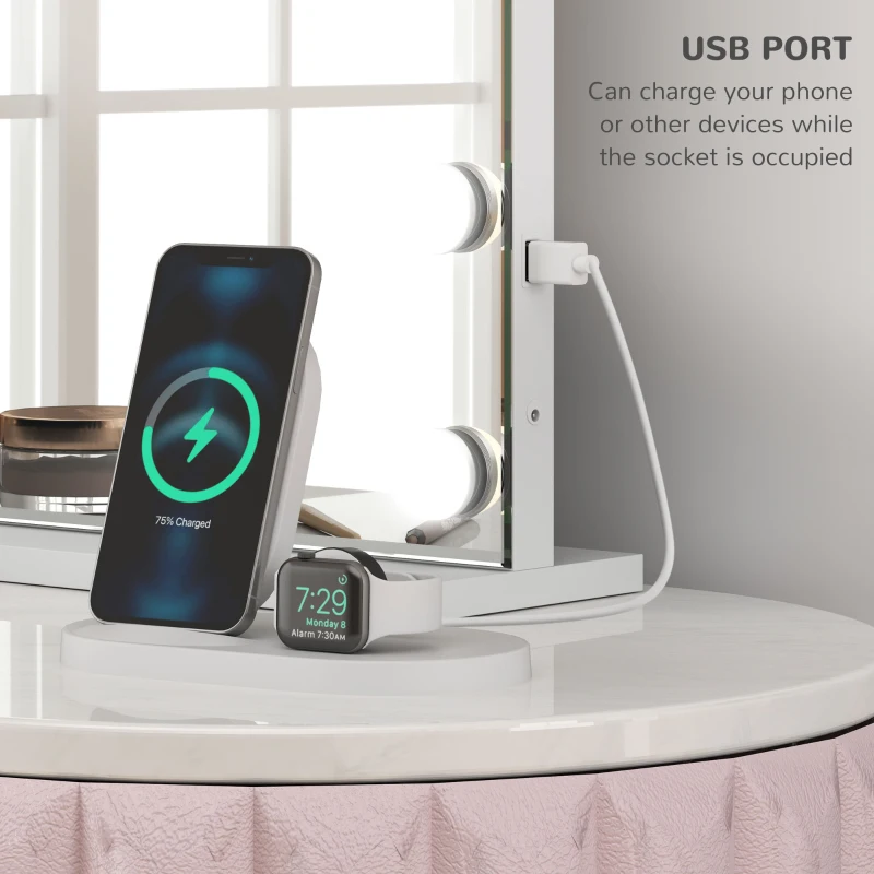 HOMCOM Hollywood Vanity Mirror with Lights, 31.5" x 24.4" Lighted Makeup Mirror with 3 Colour, 10X Magnifying, USB Port, White