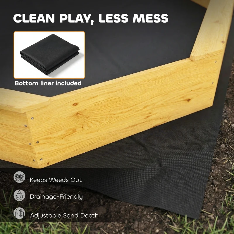 Qaba Wooden Sandbox with Large Canopy, Outdoor Sand Box with 4 Bench Seats, Bottom Liner for 8 Kids Aged 3-8, Yellow