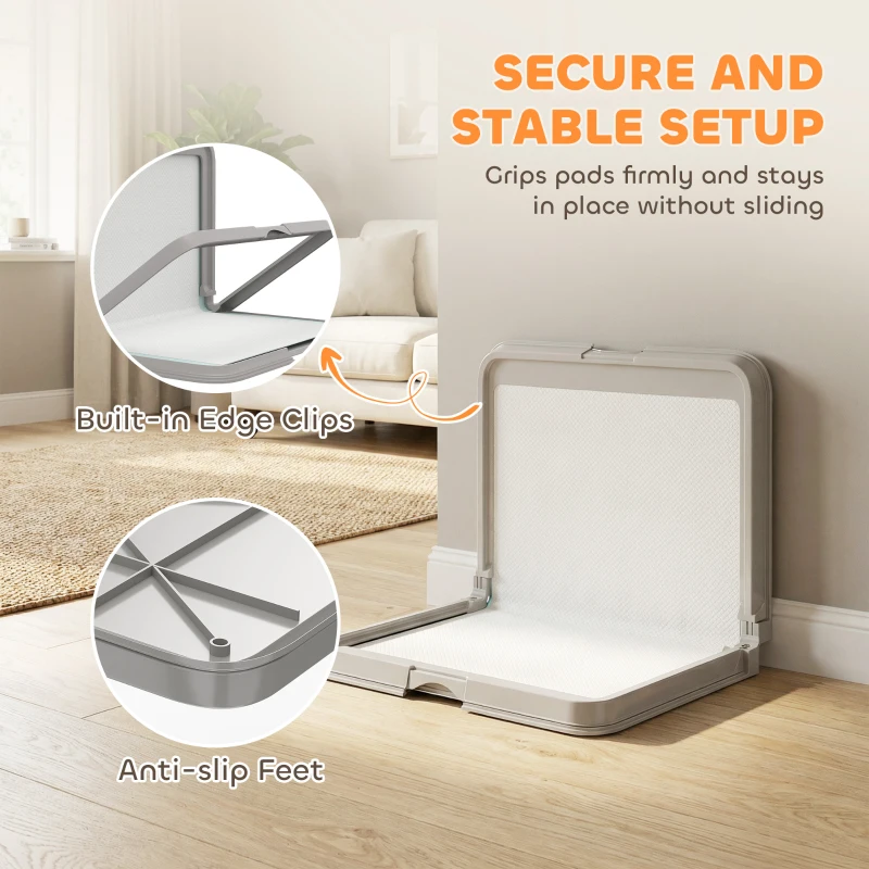 PawHut Pee Pad Holder Foldable Dog Litter Box with 3 Disposable Pads, 33.9" x 24.4", Gray