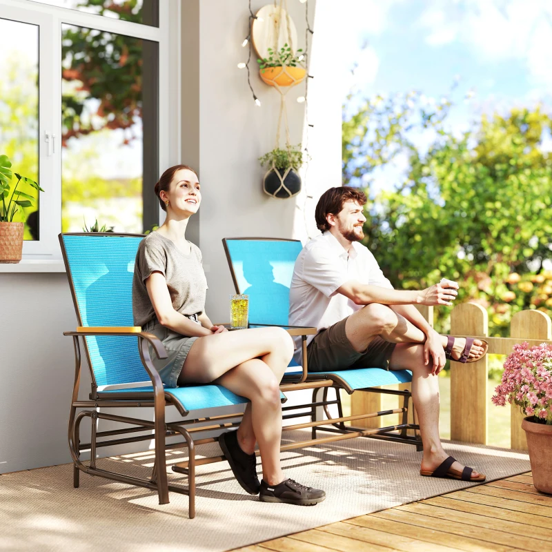 Outsunny Outdoor 2-Person Glider Bench, Outside Glider Swing Chair Loveseat with Table, Steel Frame, Blue