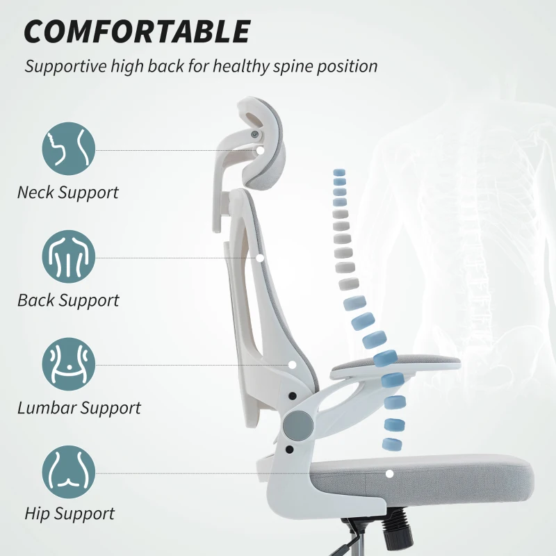 HOMCOM Ergonomic Office Chair, Swivel Desk Chair with Adjustable Lumbar Support, Headrest and Height, Flip-up Armrests, Grey